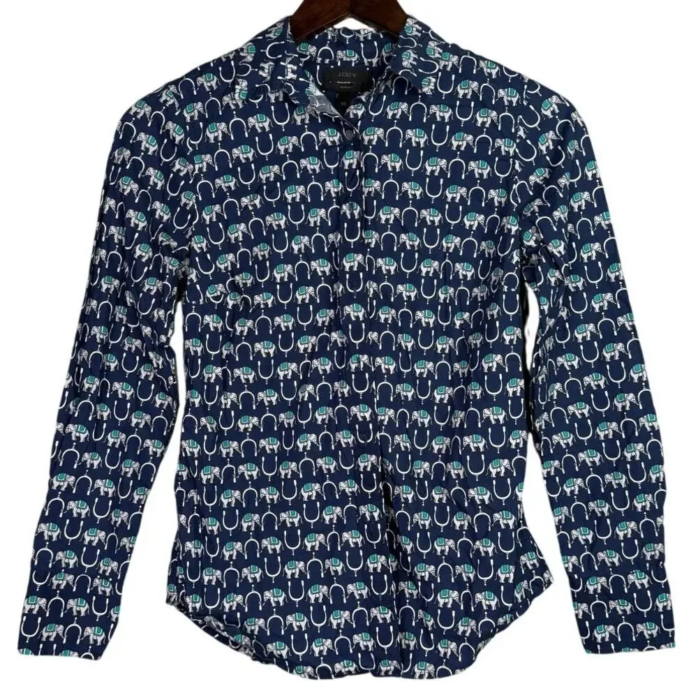 J. Crew Long Sleeve Perfect Fit Novelty Print Elephants Shirt 00 Navy Blue White